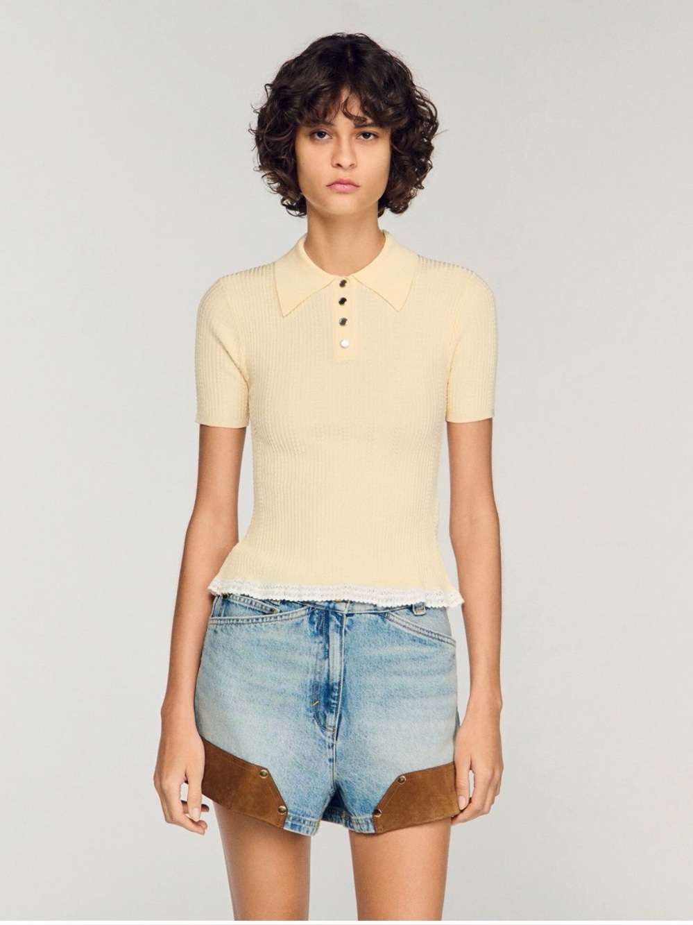 Sandro NWT Pale Yellow Ribbed Short-Sleeve Polo Top with Lace Hem